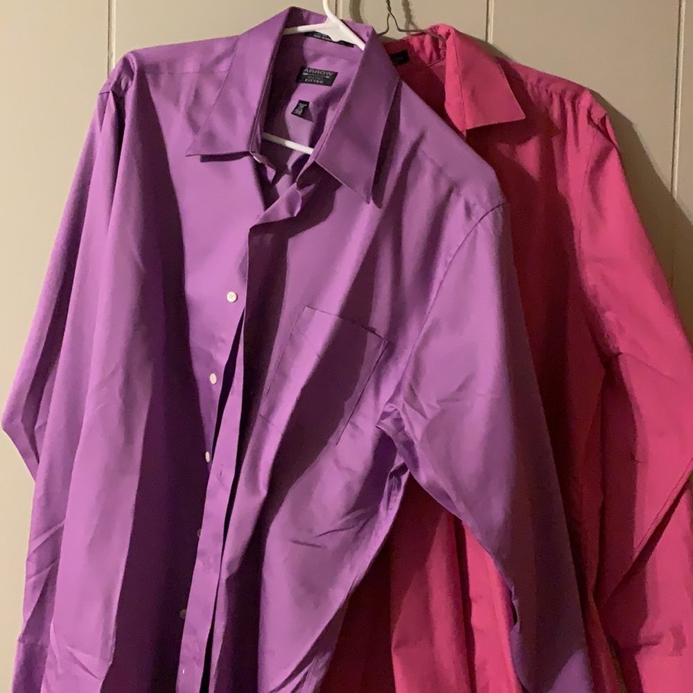 (2) Men’s Arrow Fitted Shirts 16.5 34/35 Deep pink and sateen bright violet NWT - Picture 5 of 9